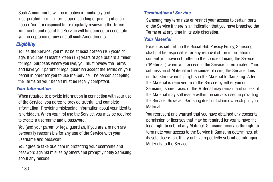 Eligibility, Your information, Termination of service | Your material | Samsung SCH-R760IBAXAR User Manual | Page 184 / 204