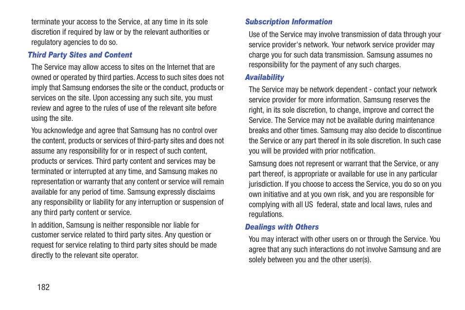 Third party sites and content, Subscription information, Availability | Dealings with others | Samsung SCH-R760IBAXAR User Manual | Page 186 / 204