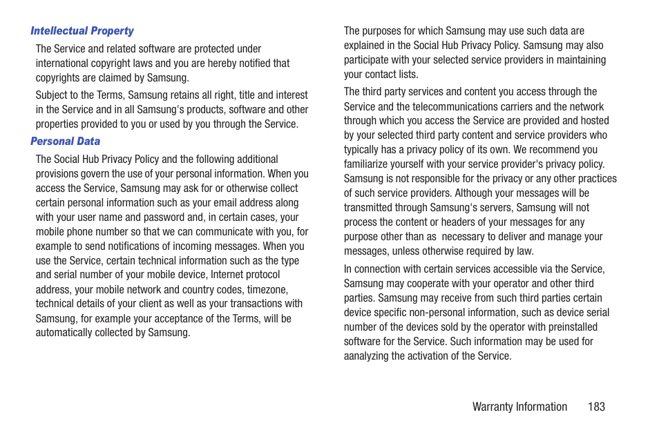 Intellectual property, Personal data | Samsung SCH-R760IBAXAR User Manual | Page 187 / 204