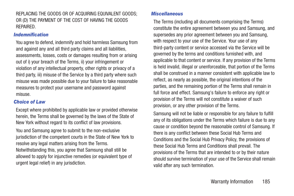 Indemnification, Choice of law, Miscellaneous | Samsung SCH-R760IBAXAR User Manual | Page 189 / 204