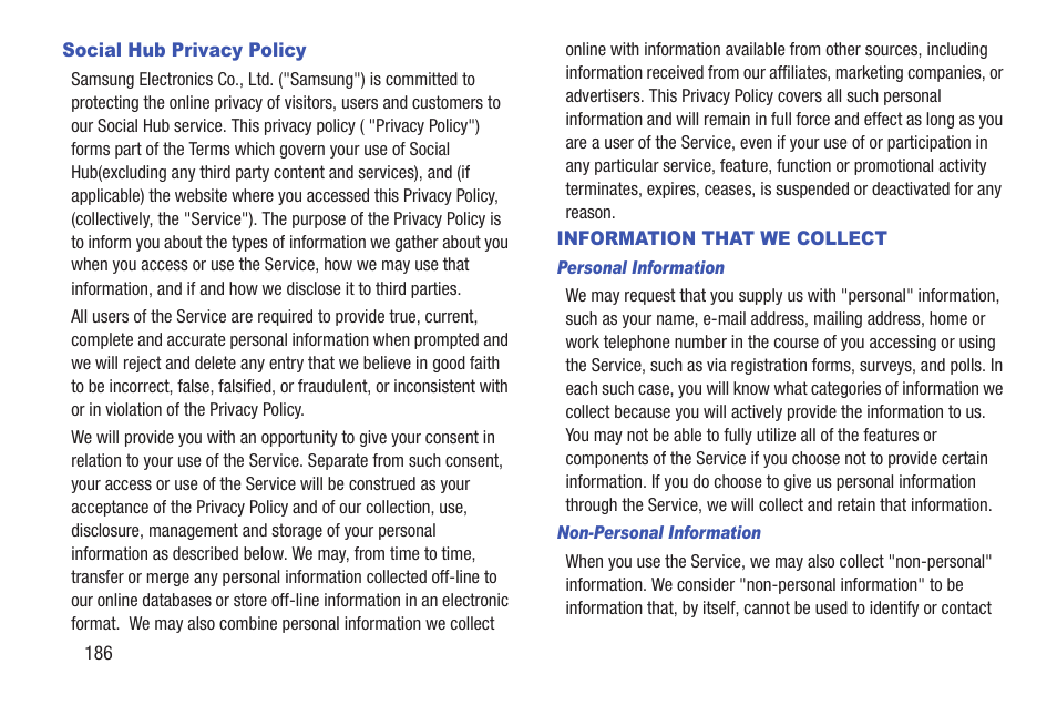 Social hub privacy policy, Information that we collect, Personal information | Non-personal information | Samsung SCH-R760IBAXAR User Manual | Page 190 / 204