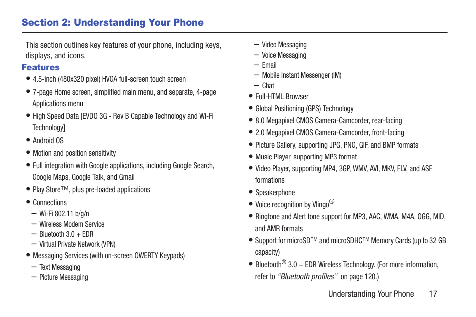 Section 2: understanding your phone, Features | Samsung SCH-R760IBAXAR User Manual | Page 21 / 204