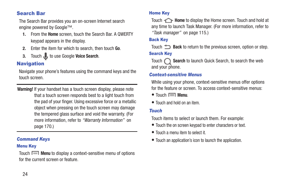 Search bar, Navigation, Command keys | Menu key, Home key, Back key, Search key, Context-sensitive menus, Touch, Search bar navigation | Samsung SCH-R760IBAXAR User Manual | Page 28 / 204