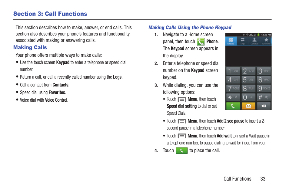 Section 3: call functions, Making calls, Making calls using the phone keypad | Samsung SCH-R760IBAXAR User Manual | Page 37 / 204