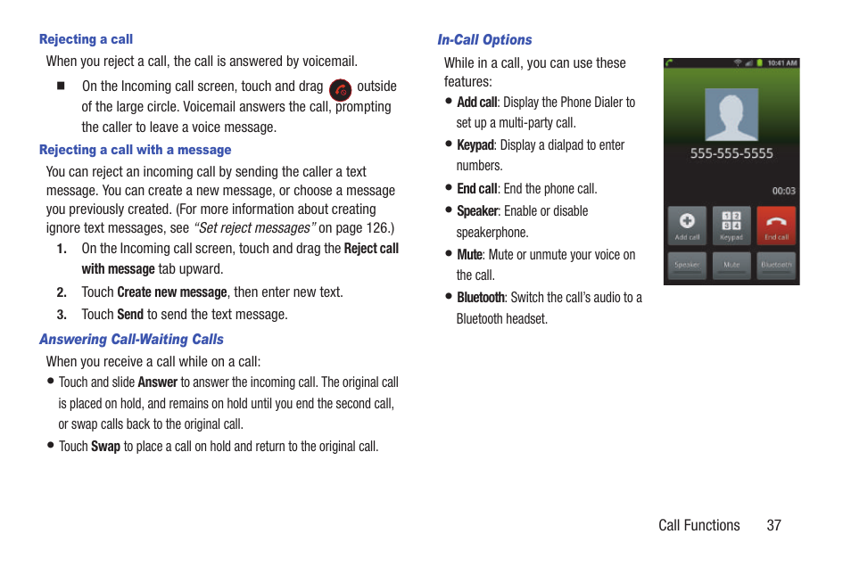 Rejecting a call, Rejecting a call with a message, Answering call-waiting calls | In-call options | Samsung SCH-R760IBAXAR User Manual | Page 41 / 204