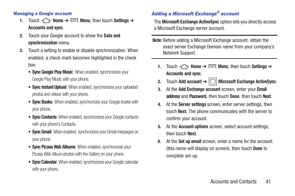 Managing a google account, Adding a microsoft exchange® account | Samsung SCH-R760IBAXAR User Manual | Page 45 / 204