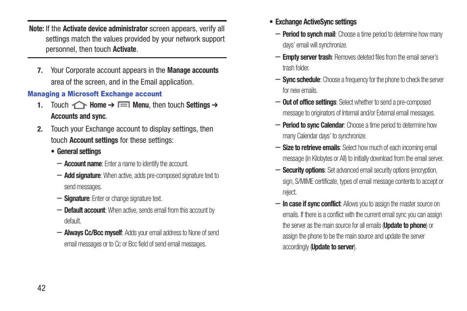 Managing a microsoft exchange account | Samsung SCH-R760IBAXAR User Manual | Page 46 / 204