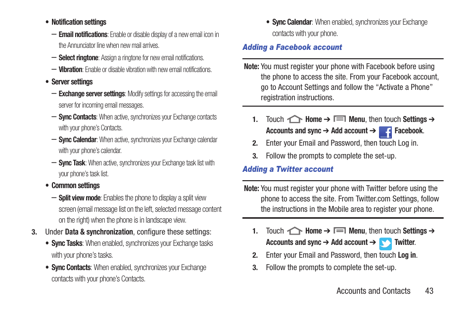 Adding a facebook account, Adding a twitter account | Samsung SCH-R760IBAXAR User Manual | Page 47 / 204