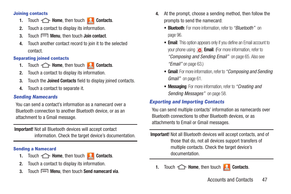 Joining contacts, Separating joined contacts, Sending namecards | Sending a namecard, Exporting and importing contacts | Samsung SCH-R760IBAXAR User Manual | Page 51 / 204