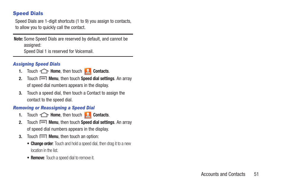 Speed dials, Assigning speed dials, Removing or reassigning a speed dial | Samsung SCH-R760IBAXAR User Manual | Page 55 / 204