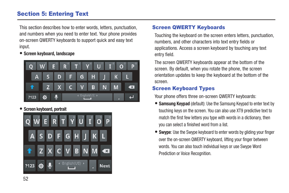 Section 5: entering text, Screen qwerty keyboards, Screen keyboard types | Screen qwerty keyboards screen keyboard types | Samsung SCH-R760IBAXAR User Manual | Page 56 / 204