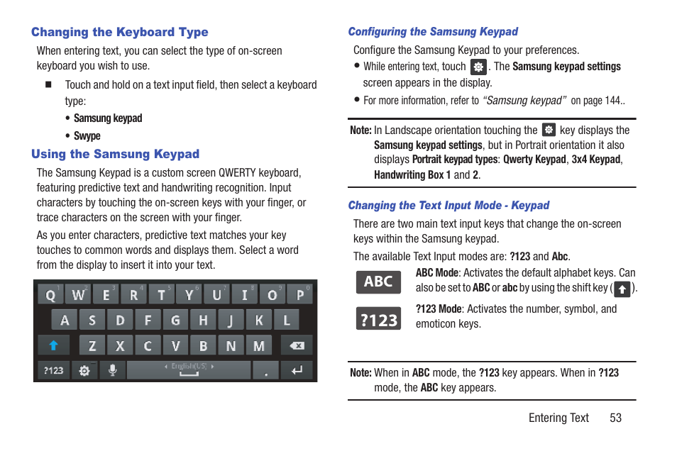 Changing the keyboard type, Using the samsung keypad, Configuring the samsung keypad | Changing the text input mode - keypad | Samsung SCH-R760IBAXAR User Manual | Page 57 / 204