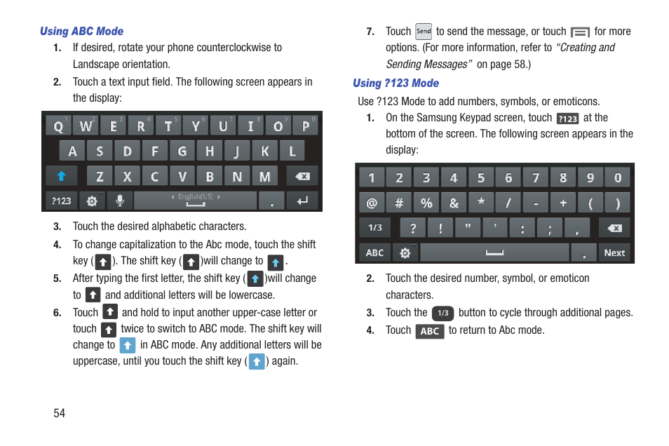 Using abc mode, Using ?123 mode | Samsung SCH-R760IBAXAR User Manual | Page 58 / 204