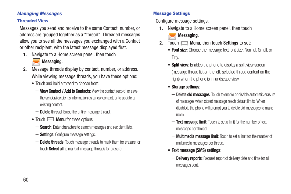 Managing messages, Threaded view, Message settings | Samsung SCH-R760IBAXAR User Manual | Page 64 / 204