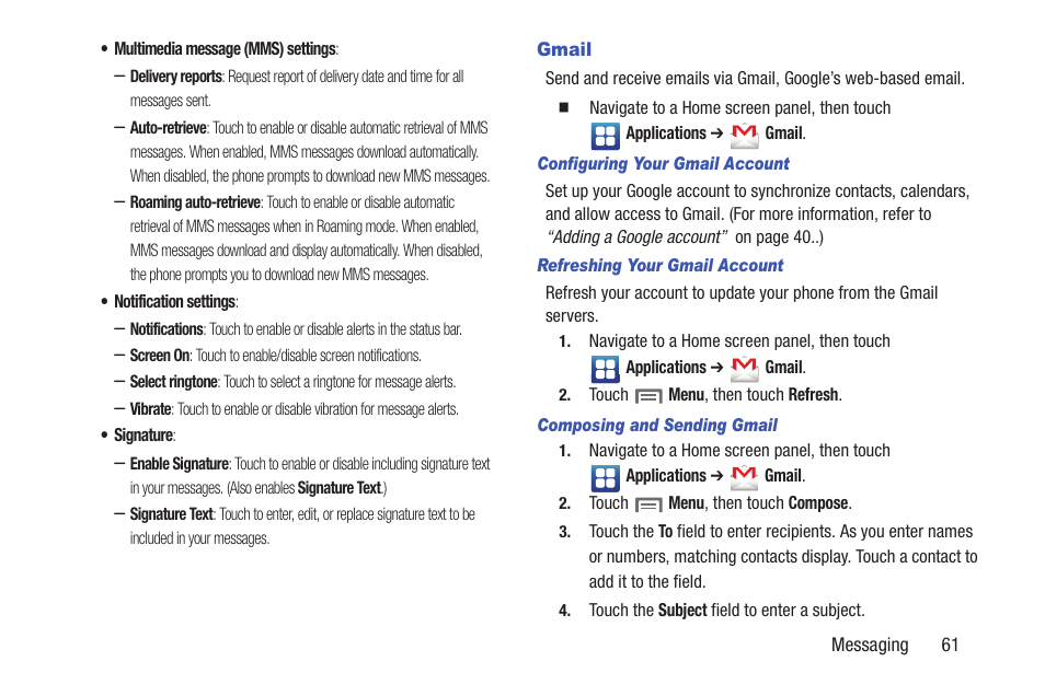 Gmail, Configuring your gmail account, Refreshing your gmail account | Composing and sending gmail | Samsung SCH-R760IBAXAR User Manual | Page 65 / 204