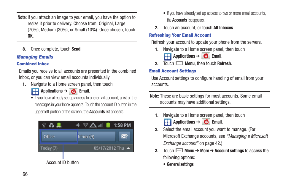 Managing emails, Combined inbox, Refreshing your email account | Email account settings | Samsung SCH-R760IBAXAR User Manual | Page 70 / 204