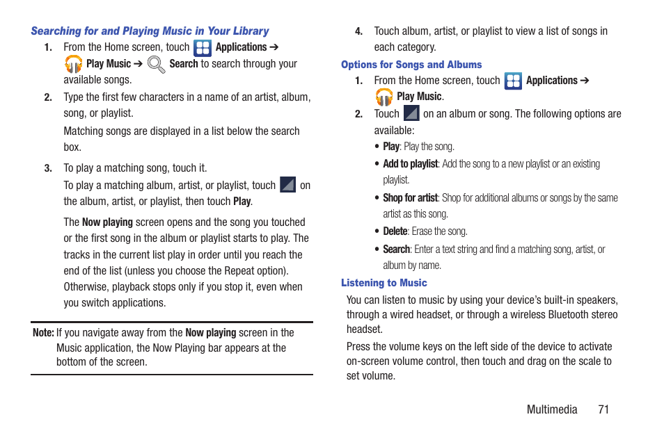 Searching for and playing music in your library, Options for songs and albums, Listening to music | Samsung SCH-R760IBAXAR User Manual | Page 75 / 204