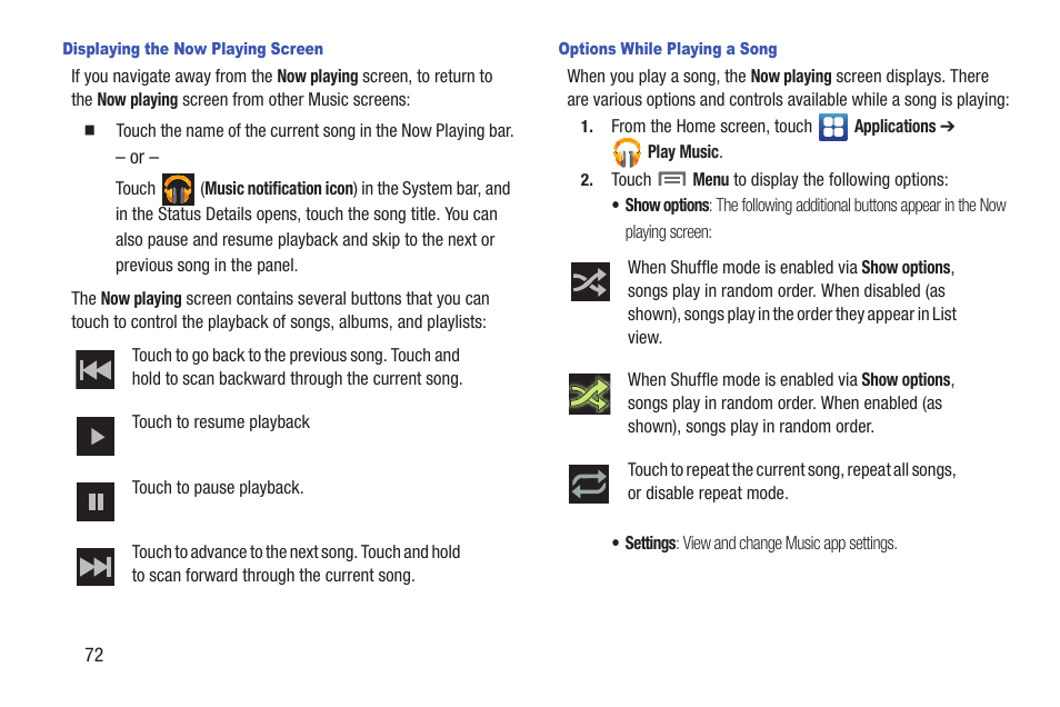 Displaying the now playing screen, Options while playing a song | Samsung SCH-R760IBAXAR User Manual | Page 76 / 204