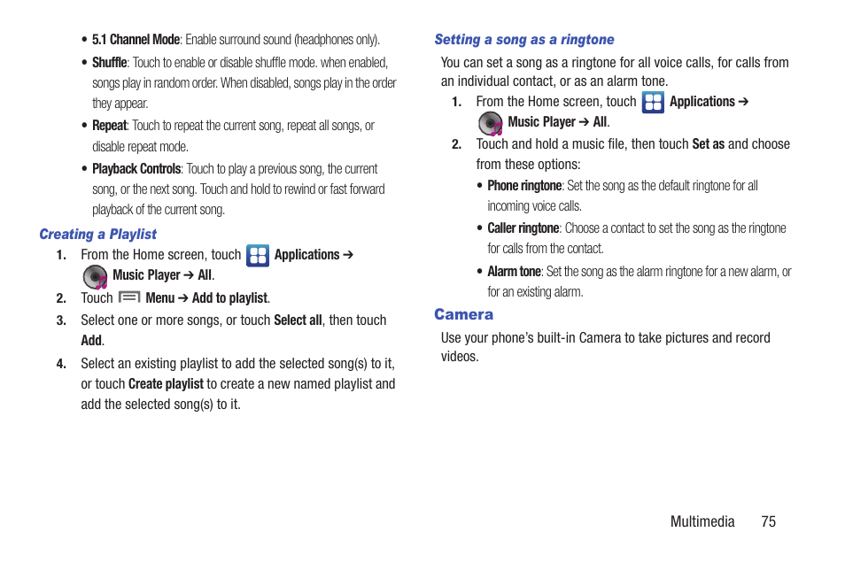 Creating a playlist, Setting a song as a ringtone, Camera | Samsung SCH-R760IBAXAR User Manual | Page 79 / 204