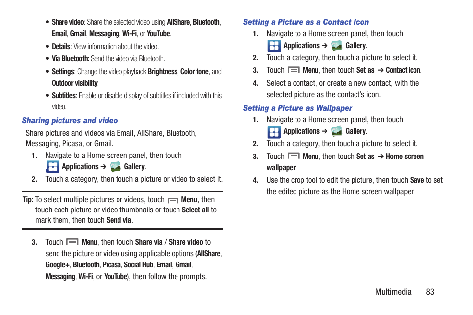 Sharing pictures and video, Setting a picture as a contact icon, Setting a picture as wallpaper | Samsung SCH-R760IBAXAR User Manual | Page 87 / 204