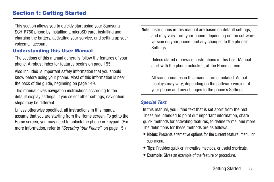 Section 1: getting started, Understanding this user manual, Special text | Samsung SCH-R760IBAXAR User Manual | Page 9 / 204