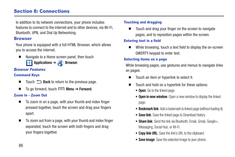 Section 8: connections, Browser, Browser features | Command keys, Zoom in – zoom out, Touching and dragging, Entering text in a field | Samsung SCH-R760IBAXAR User Manual | Page 90 / 204