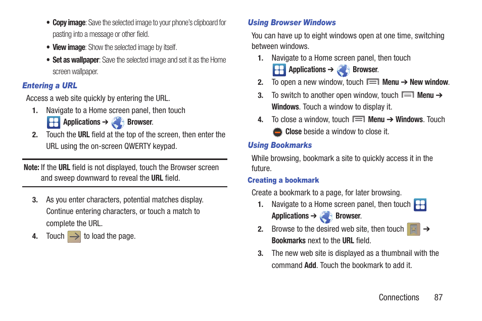 Entering a url, Using browser windows, Using bookmarks | Creating a bookmark | Samsung SCH-R760IBAXAR User Manual | Page 91 / 204