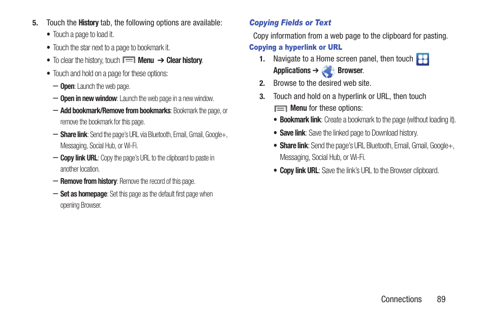 Copying fields or text, Copying a hyperlink or url | Samsung SCH-R760IBAXAR User Manual | Page 93 / 204