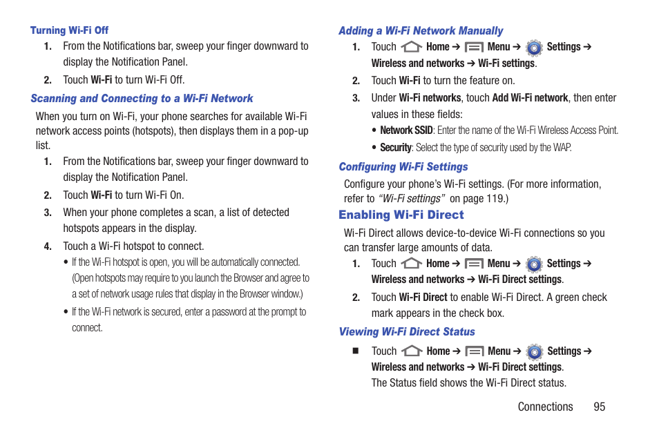 Turning wi-fi off, Scanning and connecting to a wi-fi network, Adding a wi-fi network manually | Configuring wi-fi settings, Enabling wi-fi direct, Viewing wi-fi direct status | Samsung SCH-R760IBAXAR User Manual | Page 99 / 204