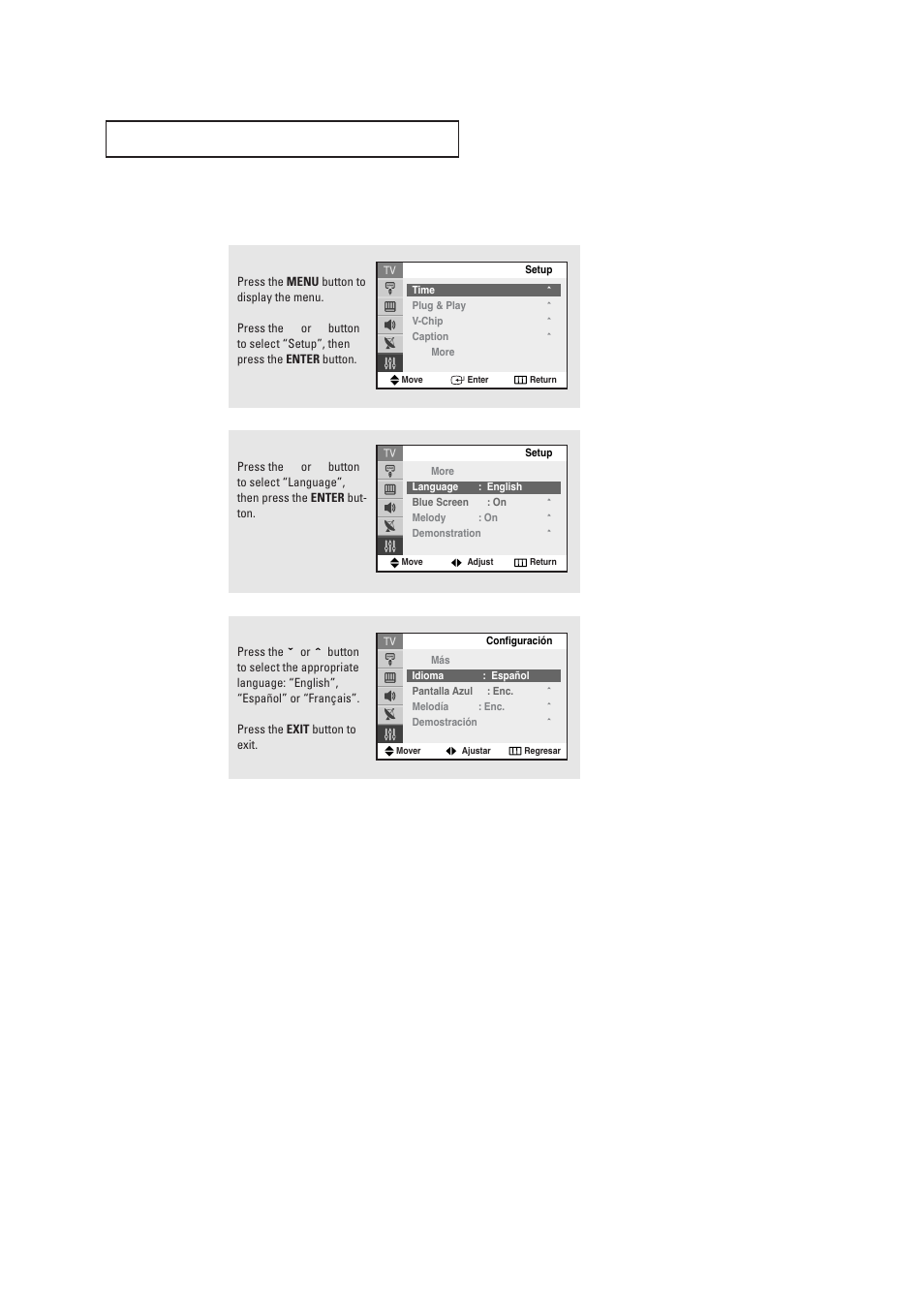 Selecting a menu language | Samsung TXR2735X-XAA User Manual | Page 23 / 62