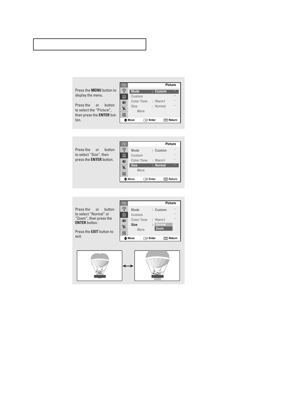 Changing the screen size | Samsung TXR2735X-XAA User Manual | Page 40 / 62