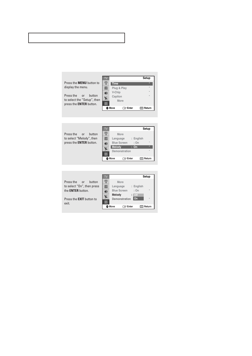 Setting the on/off melody | Samsung TXR2735X-XAA User Manual | Page 58 / 62