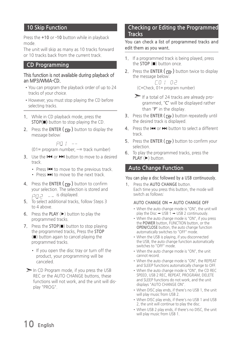 10 skip function, Cd programming, Checking or editing the programmed tracks | Auto change function | Samsung MX-H835-ZA User Manual | Page 10 / 20