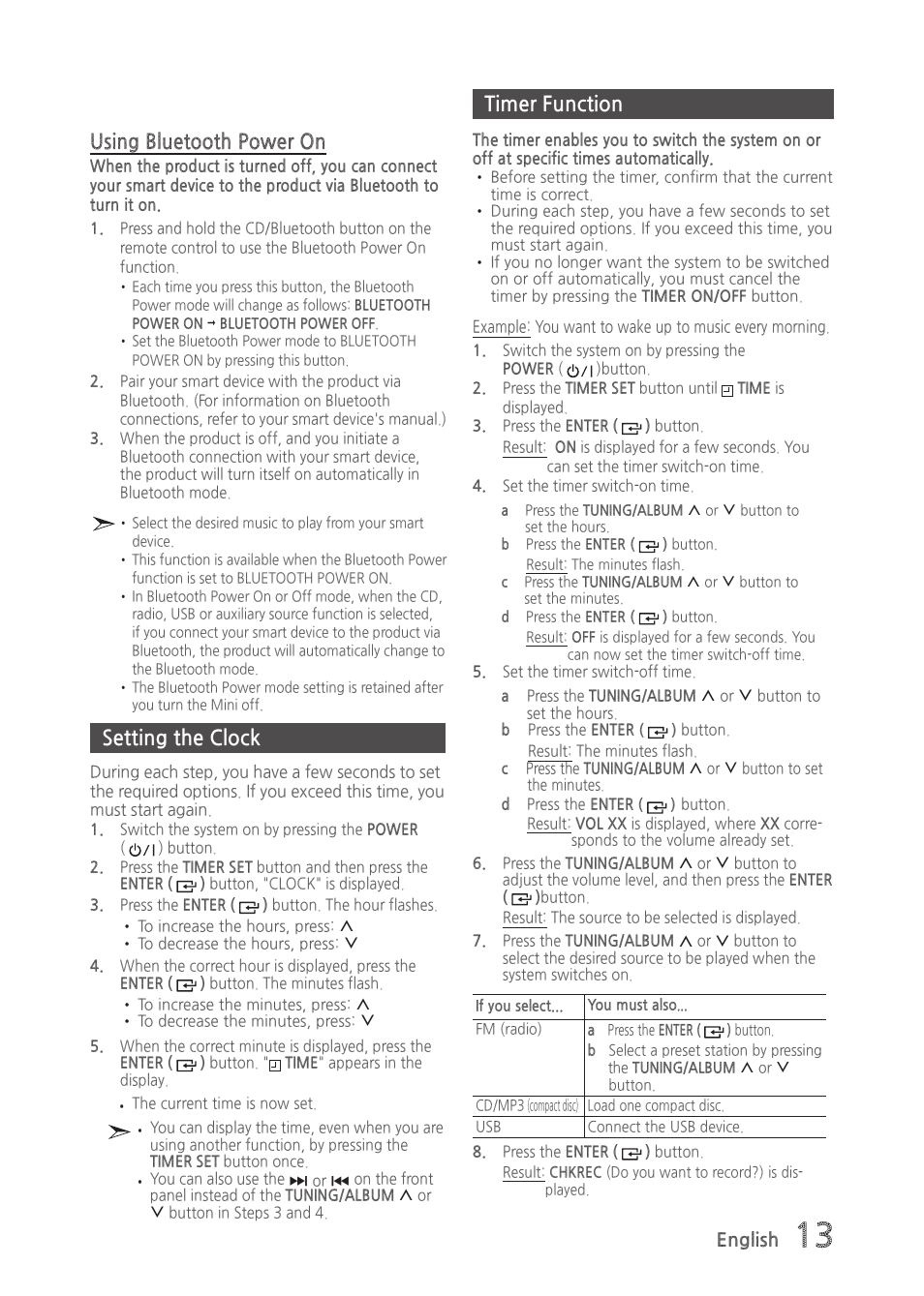 Setting the clock, Timer function, Using bluetooth power on | Samsung MX-H835-ZA User Manual | Page 13 / 20