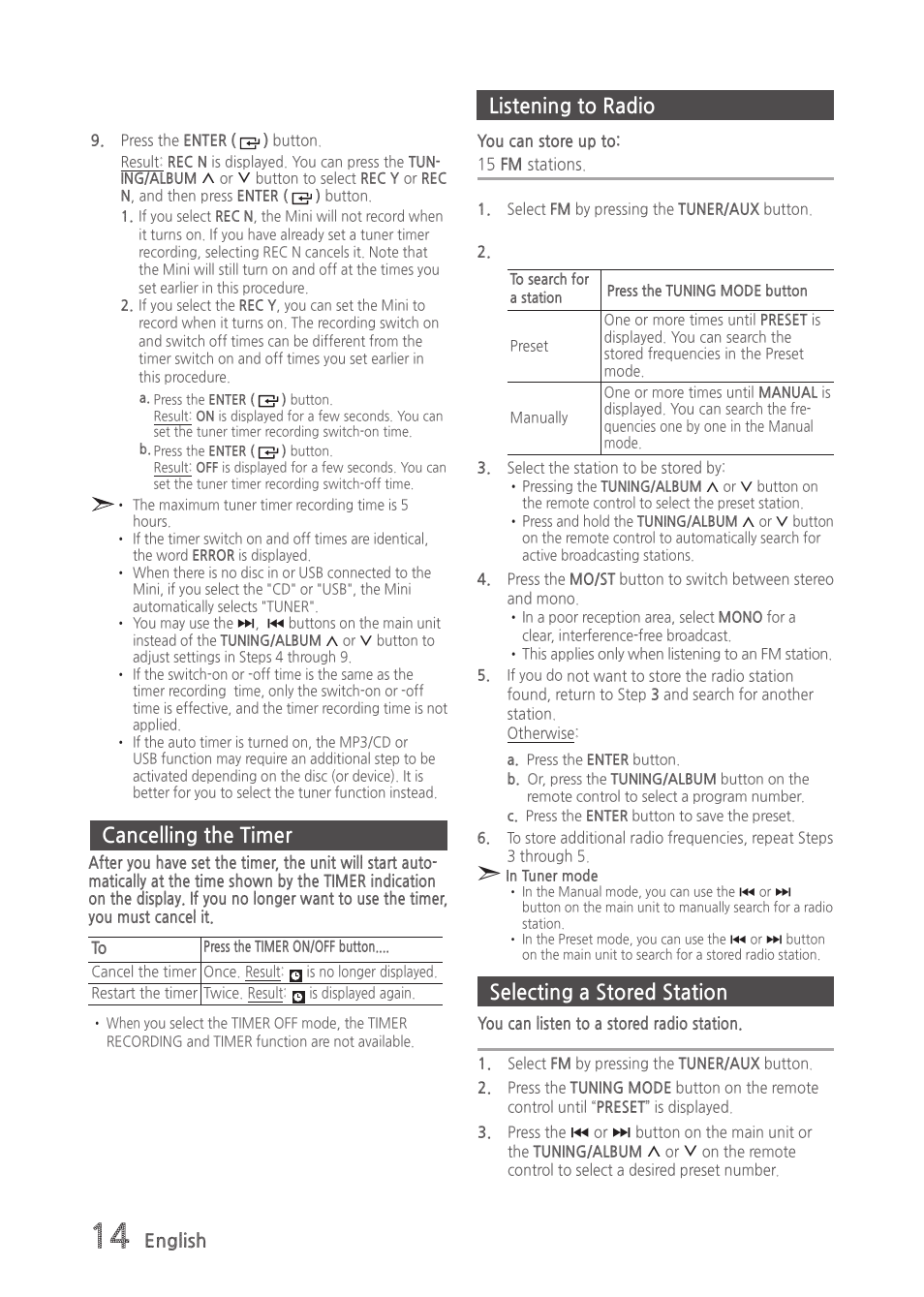 Cancelling the timer, Listening to radio, Selecting a stored station | Selecting a stored station listening to radio | Samsung MX-H835-ZA User Manual | Page 14 / 20
