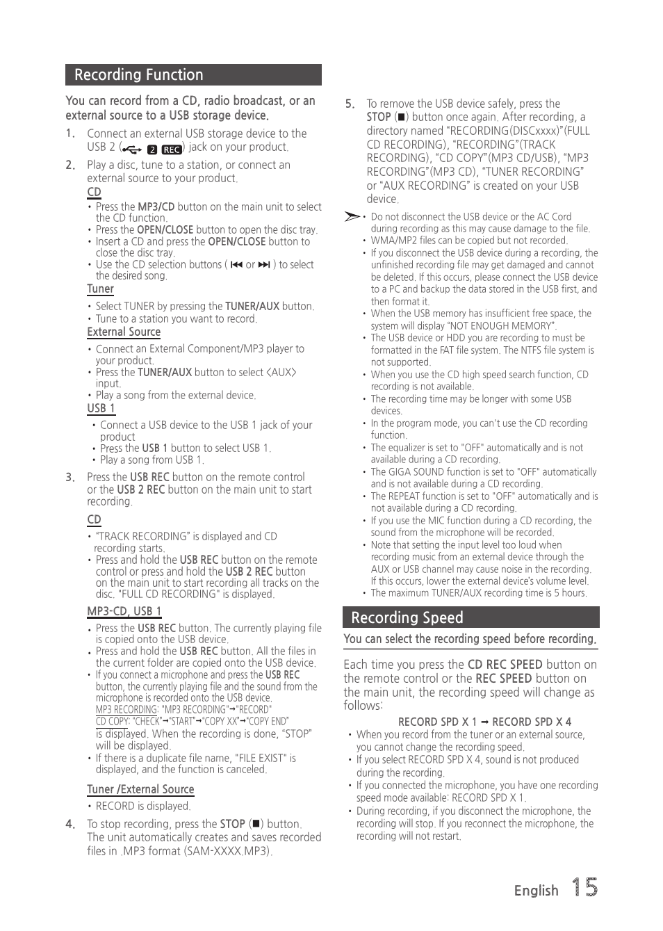 Recording function, Recording speed | Samsung MX-H835-ZA User Manual | Page 15 / 20