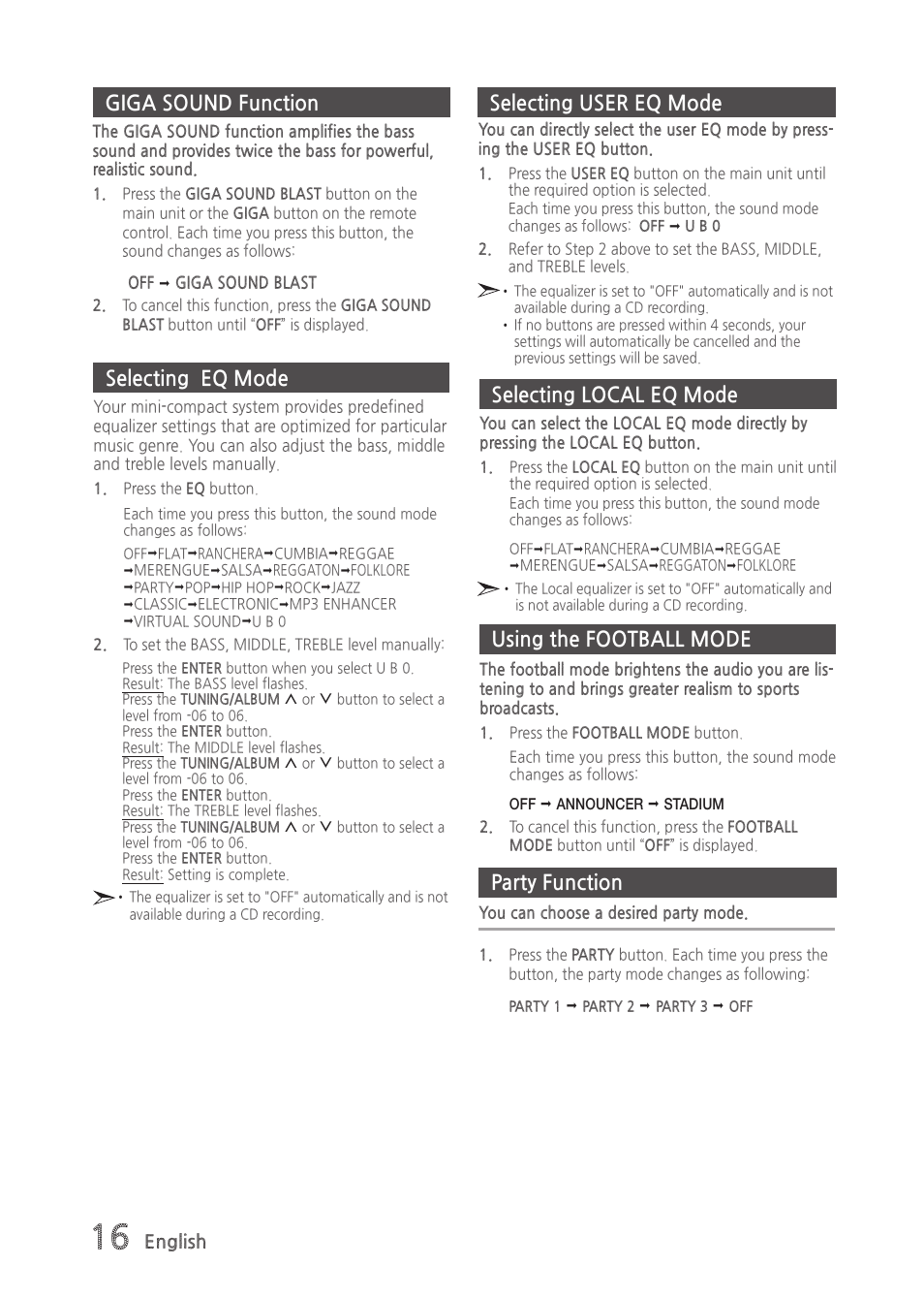 Giga sound function, Selecting eq mode, Selecting user eq mode | Selecting local eq mode, Using the football mode, Party function | Samsung MX-H835-ZA User Manual | Page 16 / 20
