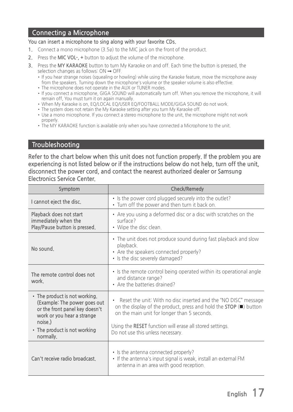 Connecting a microphone, Troubleshooting | Samsung MX-H835-ZA User Manual | Page 17 / 20