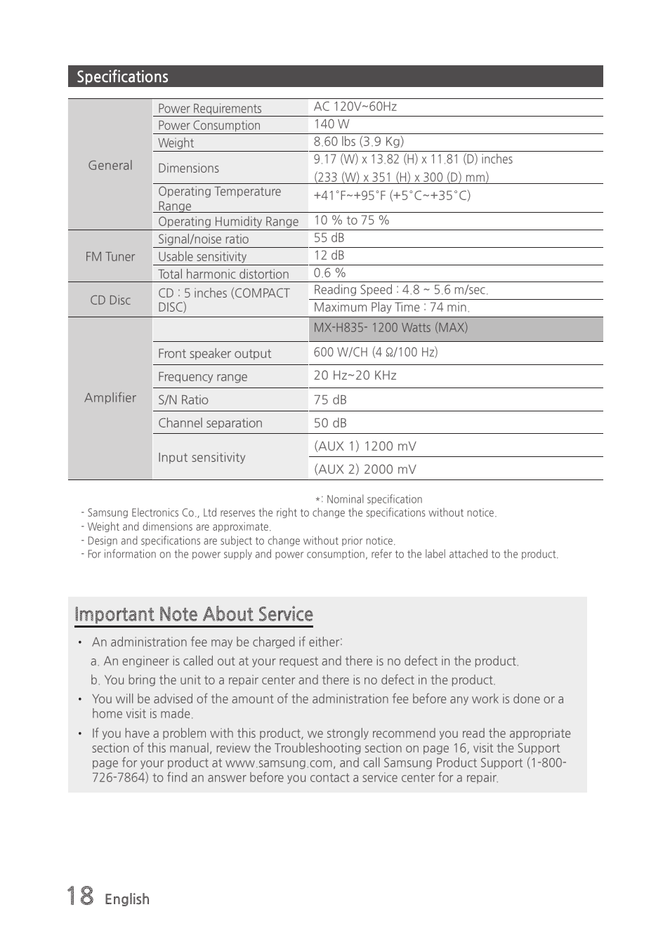 Specifications | Samsung MX-H835-ZA User Manual | Page 18 / 20