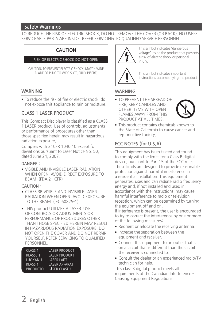 Safety warnings | Samsung MX-H835-ZA User Manual | Page 2 / 20