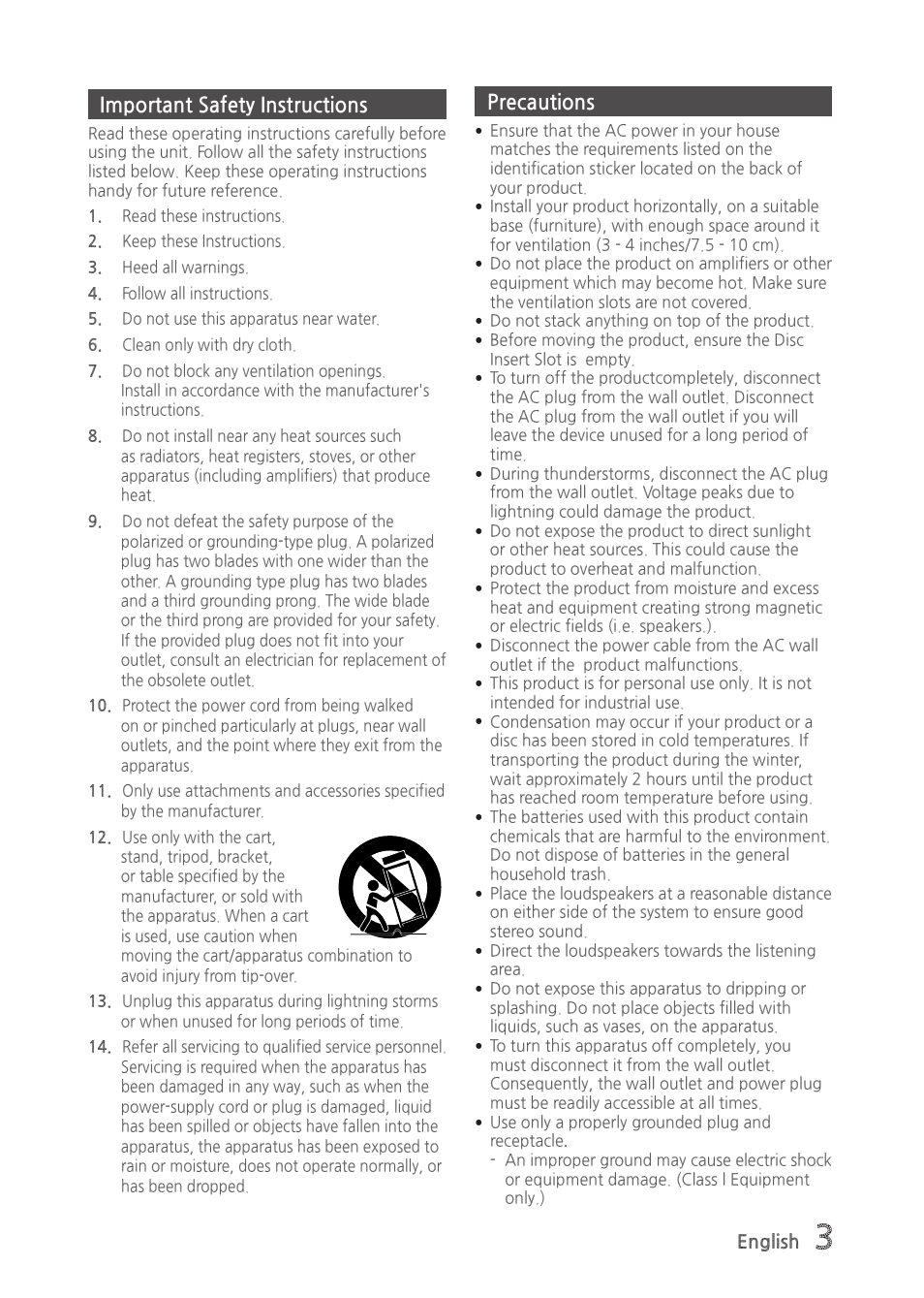 Important safety instructions, Precautions | Samsung MX-H835-ZA User Manual | Page 3 / 20