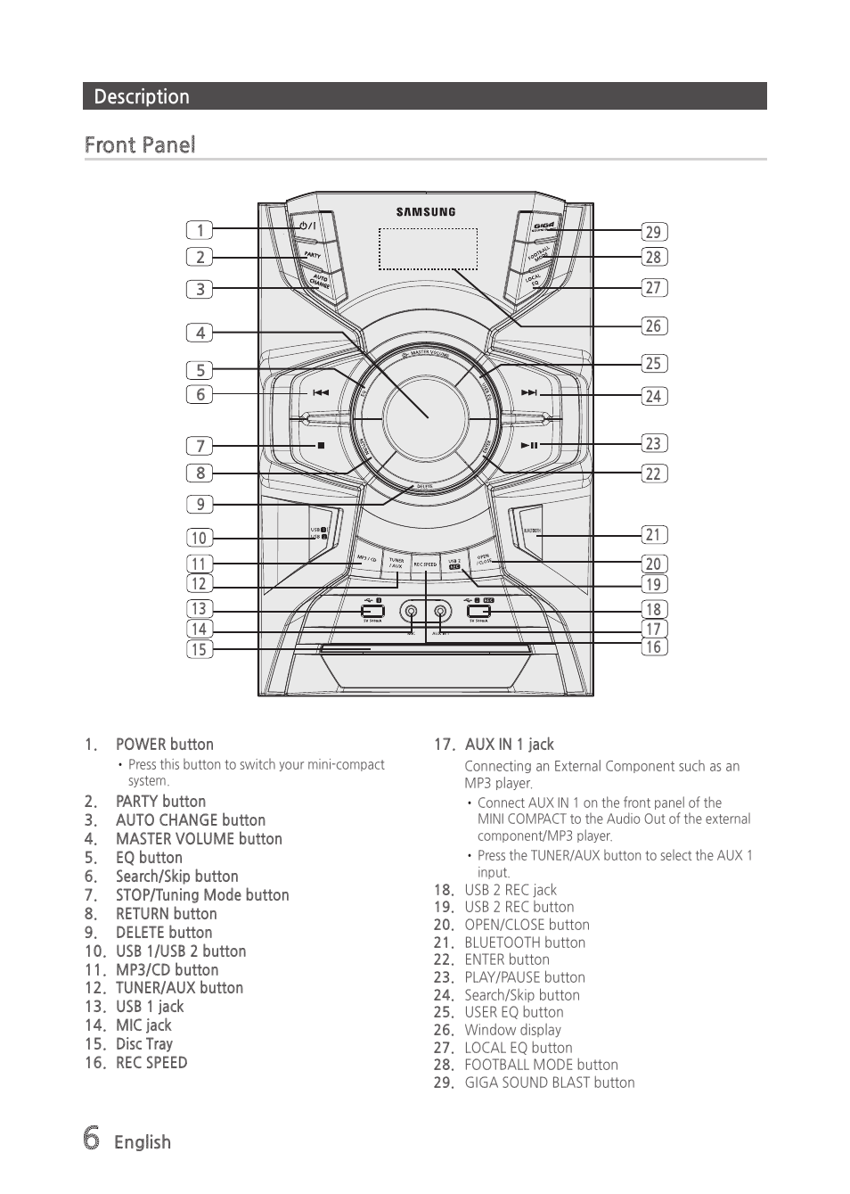 Description, Front panel | Samsung MX-H835-ZA User Manual | Page 6 / 20