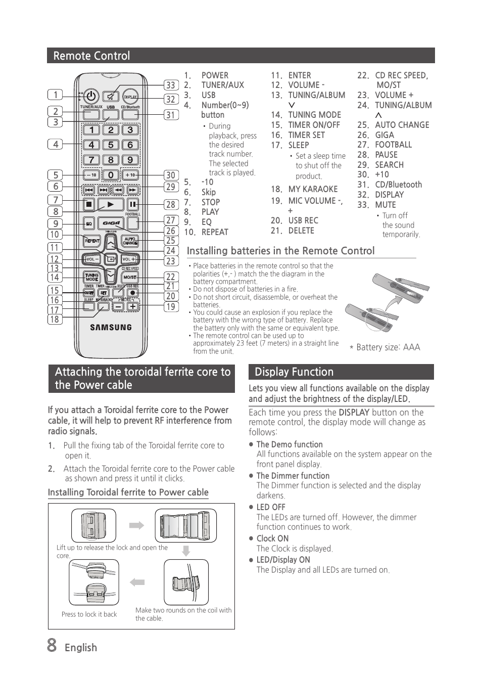 Remote control, Display function, Remote control display function | Samsung MX-H835-ZA User Manual | Page 8 / 20