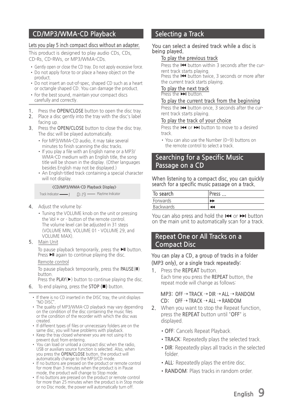 Cd/mp3/wma-cd playback, Selecting a track, Searching for a specific music passage on a cd | Repeat one or all tracks on a compact disc, Selecting a track cd/mp3/wma-cd playback | Samsung MX-H835-ZA User Manual | Page 9 / 20