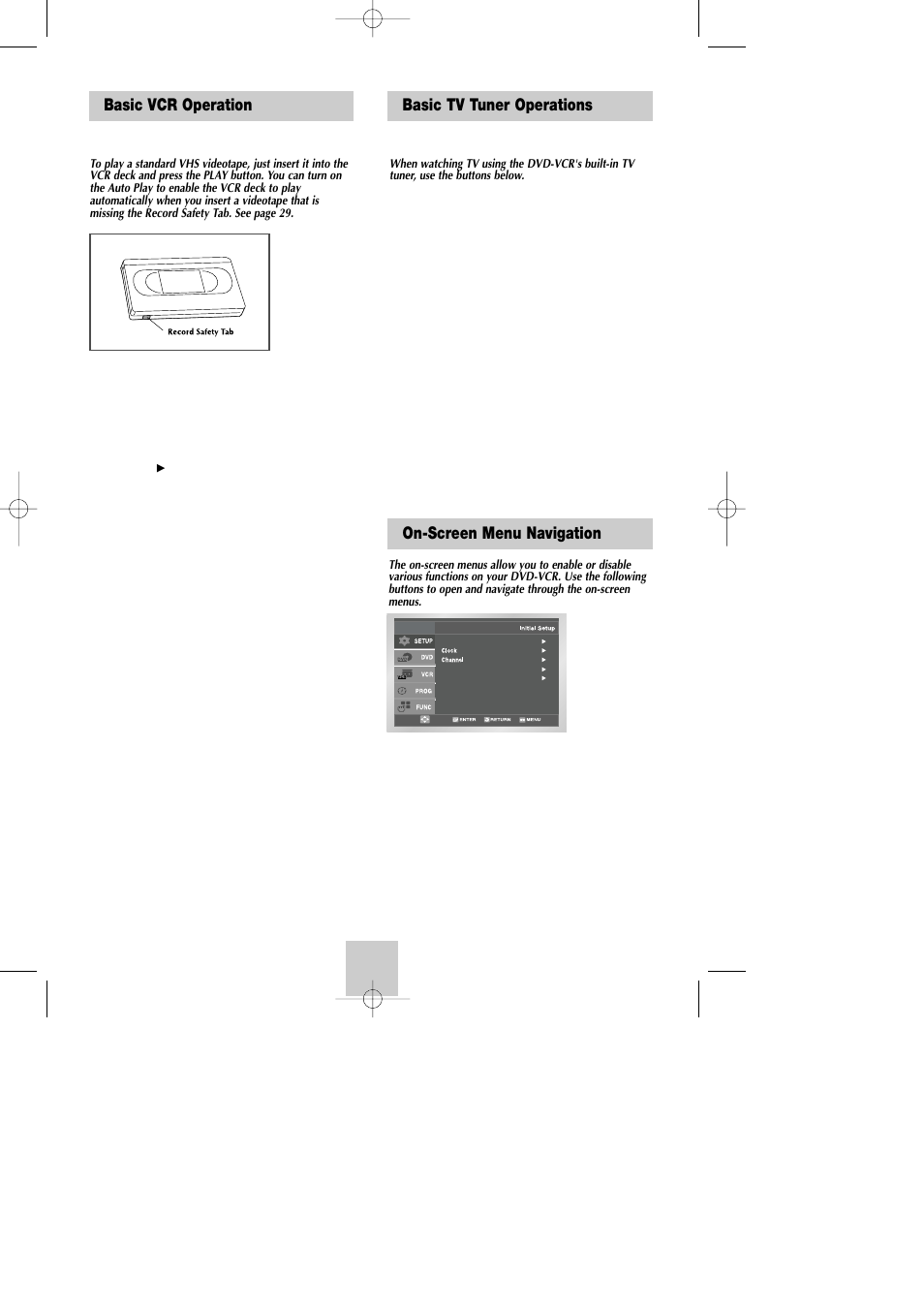 Basic vcr operation, Basic tv tuner operations, System setup | On-screen menu navigation | Samsung DVD-V9090-AFS User Manual | Page 12 / 37
