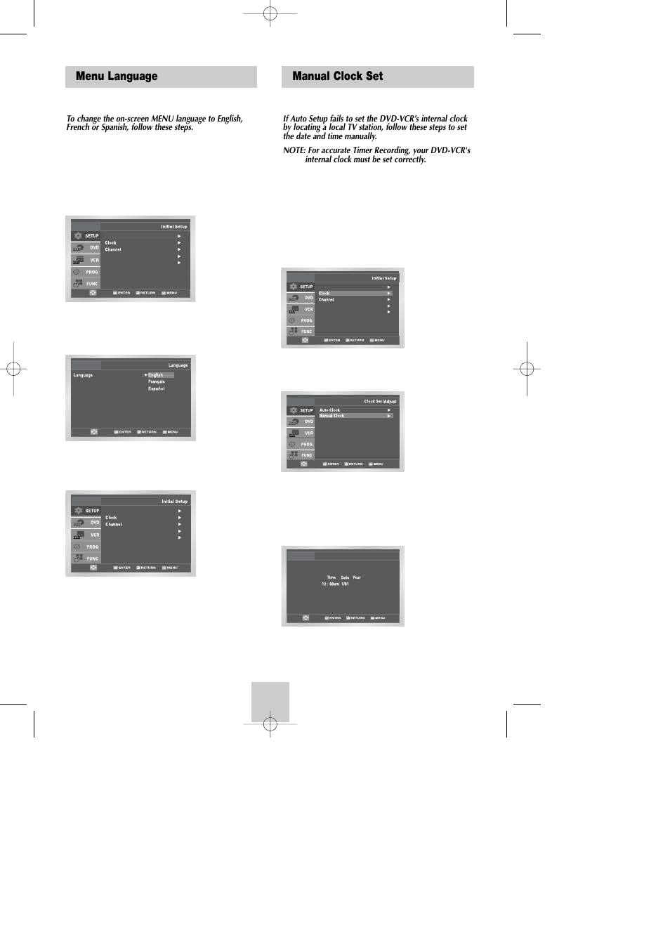 Menu language, Manual clock set, Menu language manual clock set | Samsung DVD-V9090-AFS User Manual | Page 13 / 37