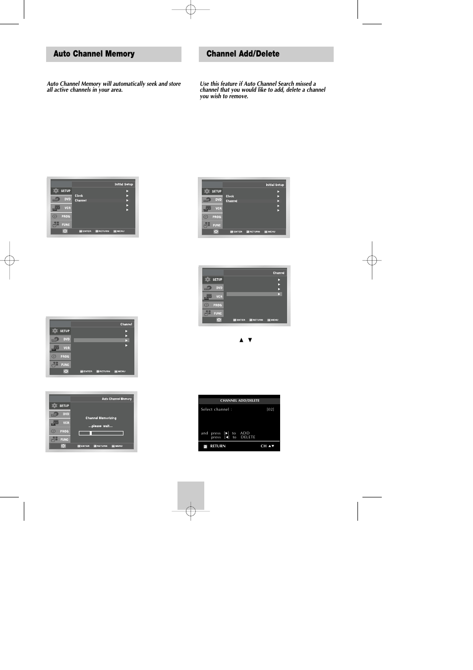 Auto channel memory, Channel add/delete | Samsung DVD-V9090-AFS User Manual | Page 15 / 37