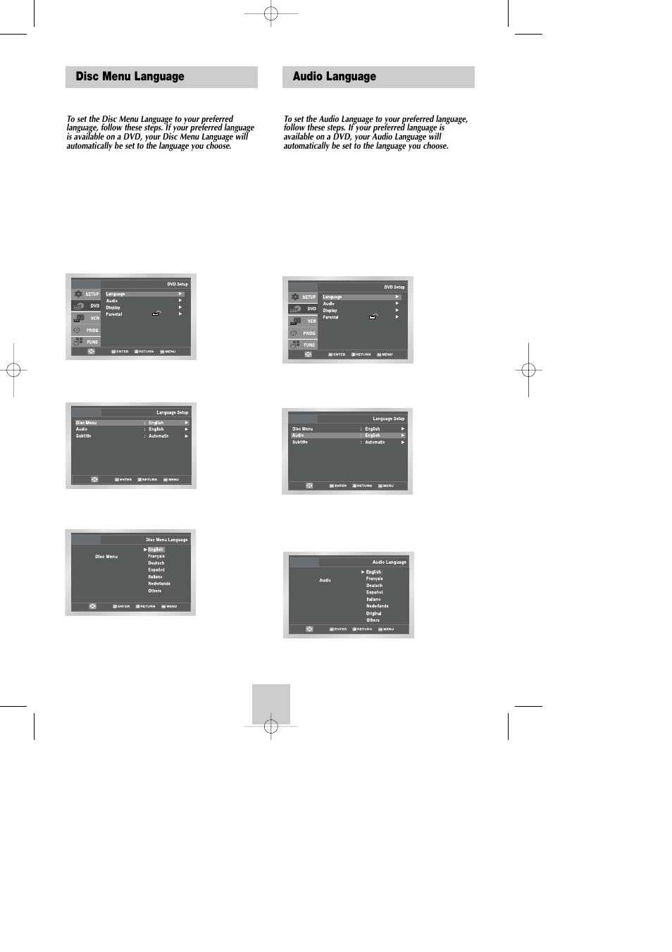 Dvd setup, Disc menu language, Audio language | Samsung DVD-V9090-AFS User Manual | Page 17 / 37