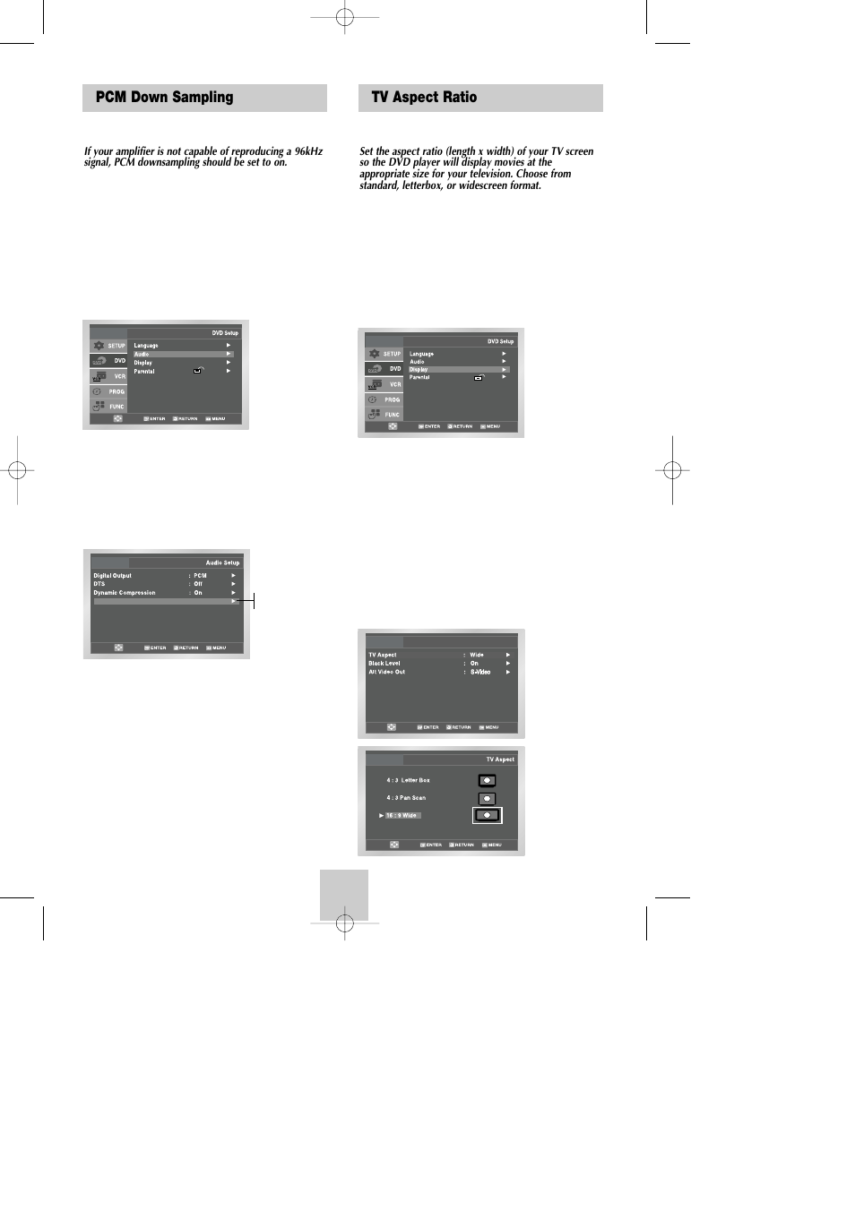 Pcm down sampling, Tv aspect ratio | Samsung DVD-V9090-AFS User Manual | Page 20 / 37