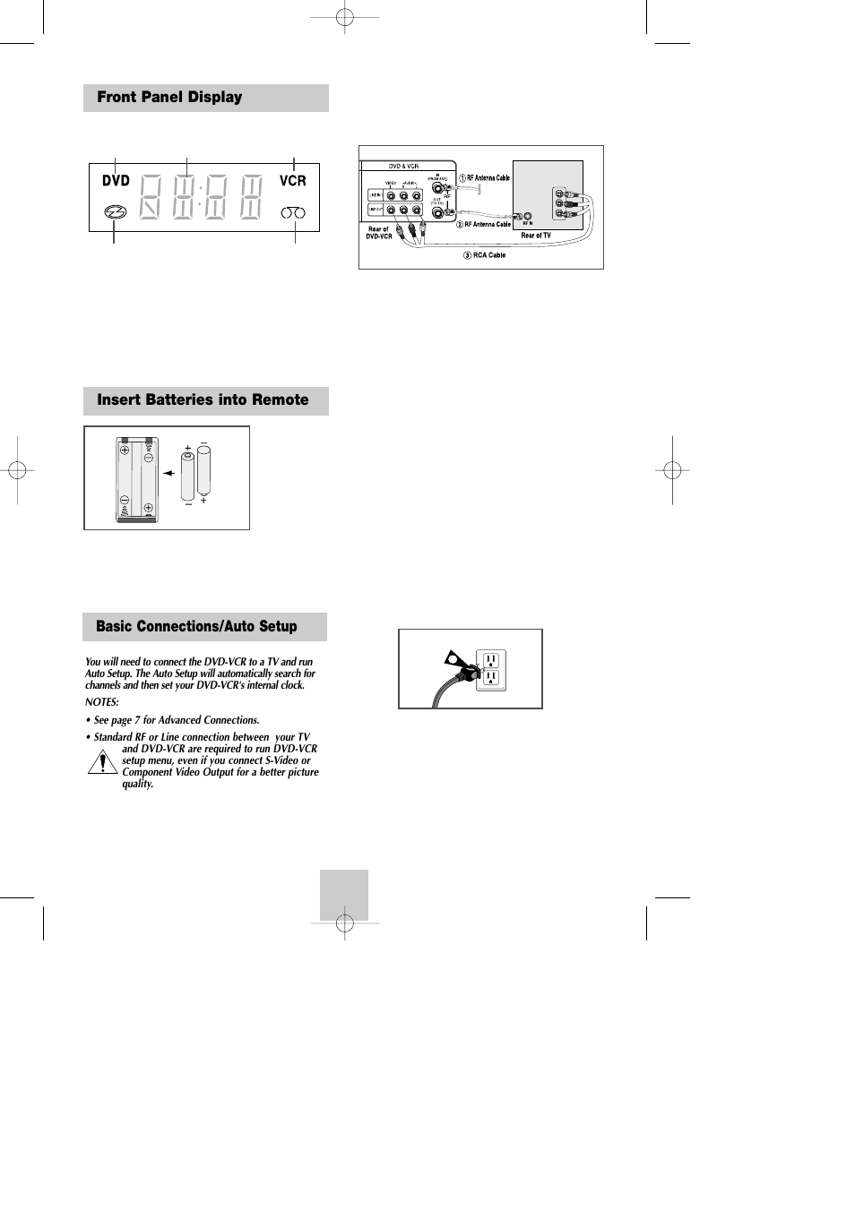 Front panel display, Insert batteries into remote, Getting started | Basic connections/auto setup, Insert batteries into remote front panel display | Samsung DVD-V9090-AFS User Manual | Page 8 / 37